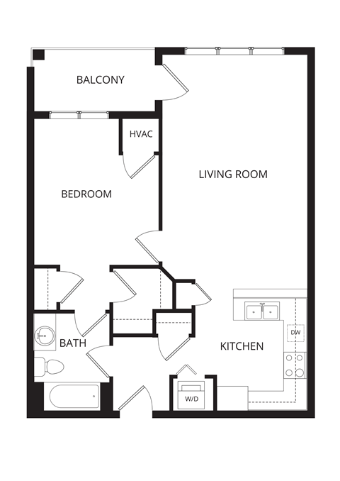 Floor plan for 1 bed, 1 bath, 784 sqft